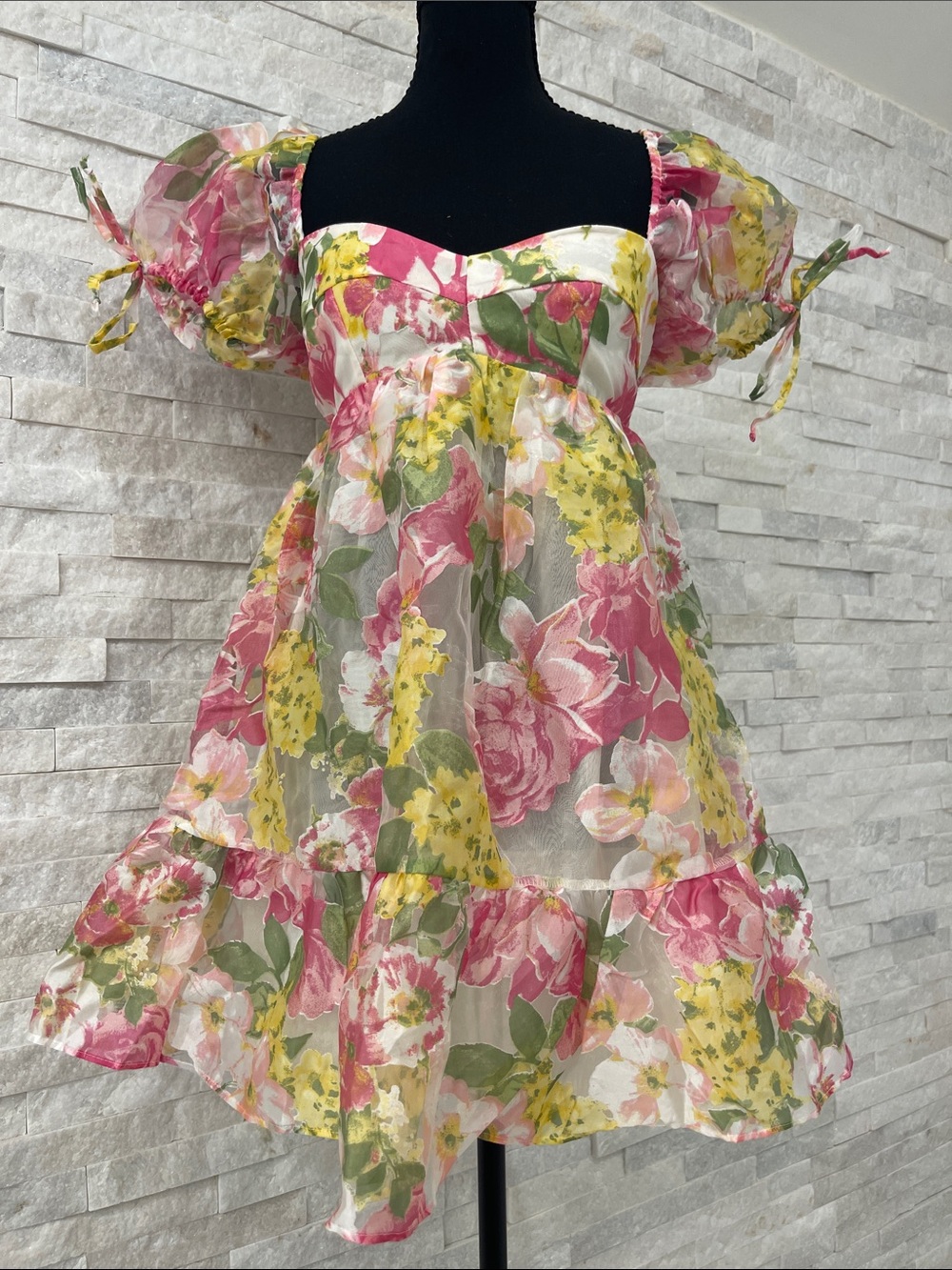Olivaceous Pink & Yellow Floral Puff-Sleeve Dress